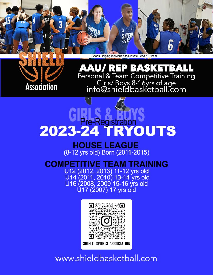 SHIELD Basketball 2023-2024 Tryouts for boys and gils ages 8 to 16.
